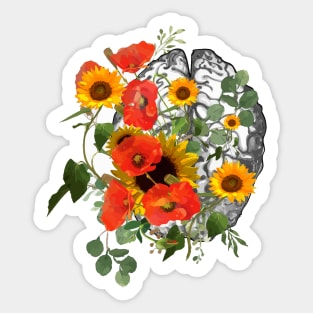 Poppie sunflowers Color human brain watercolor Sticker